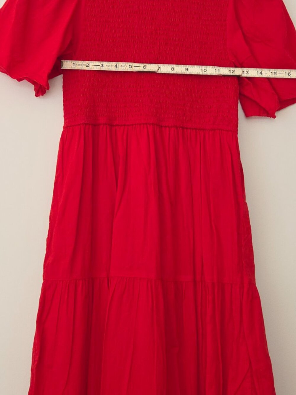 Monoprix Red Smocked Midi Dress NWOT lined - Picture 5 of 11